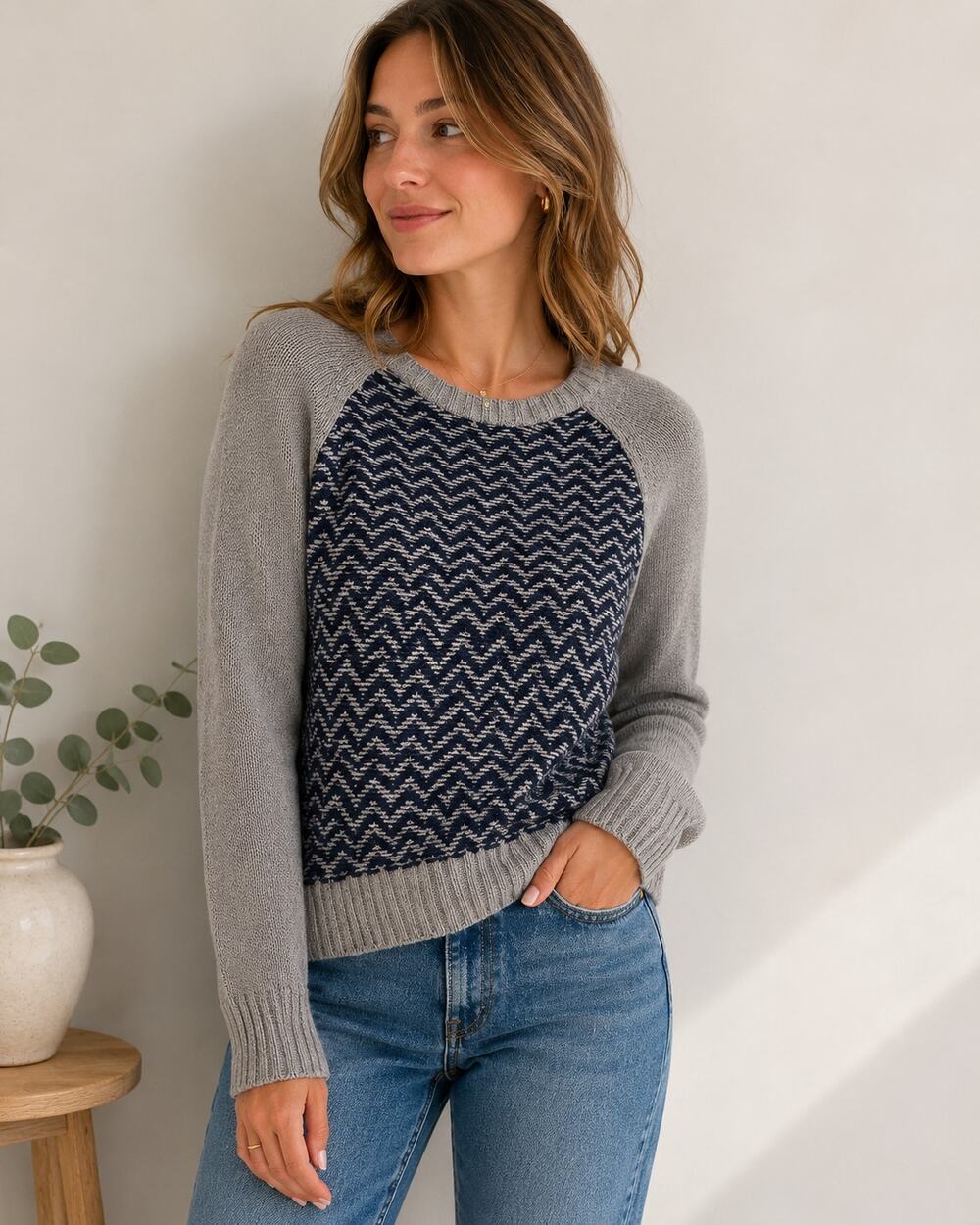 Madewell Sweater Gray Chevron Knit Merino Wool Women XS Minimalist Cozy Pullove